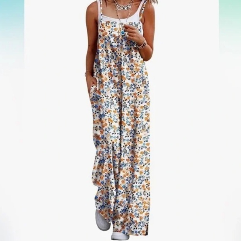 NWT Yesno Floral Strap Wide-Leg Jumpsuit - White Blue & Mustard